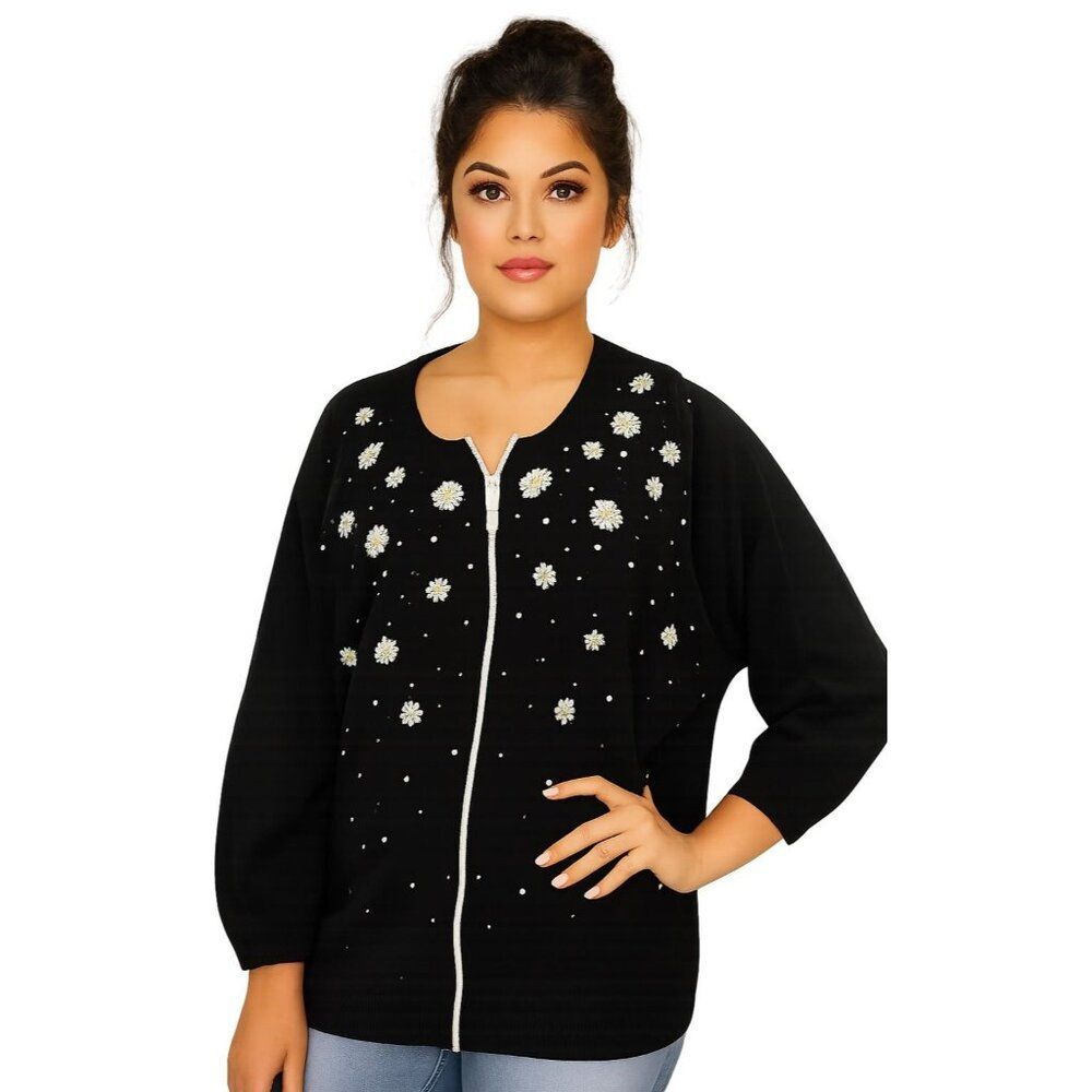 Cathy Daniels Zip Up Cardigan Sweater Black Jacket Women's Woman's Extra Large